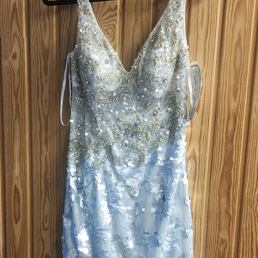 Dave & Johnny Blue and Gold Sequin Prom Dress